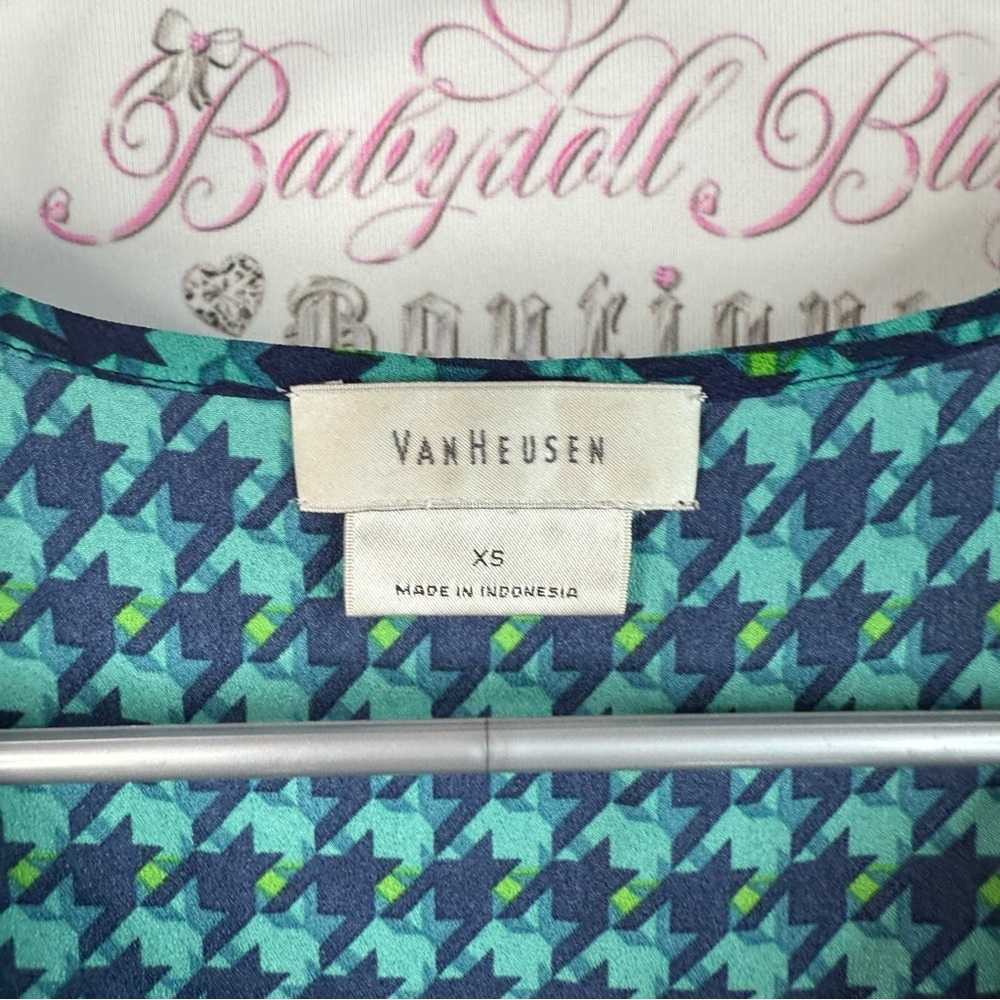 Van Heusen tank top blue green Teal Houndstooth Sleeveless Blouse flowy - Picture 7 of 10